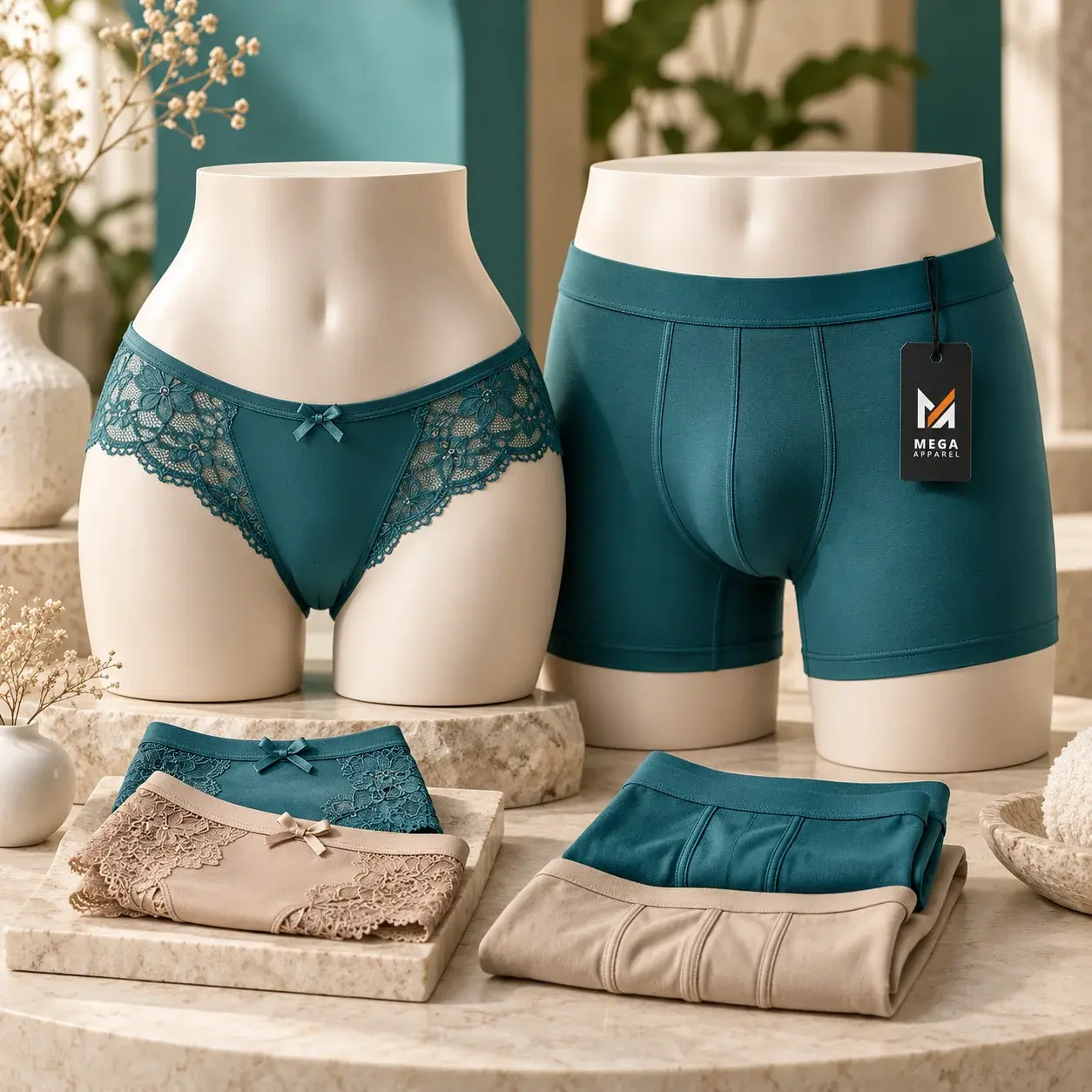 Custom teal women’s lace panties and men’s boxer briefs displayed on mannequins with folded underwear and branded Mega Apparel tag in a premium showroom.